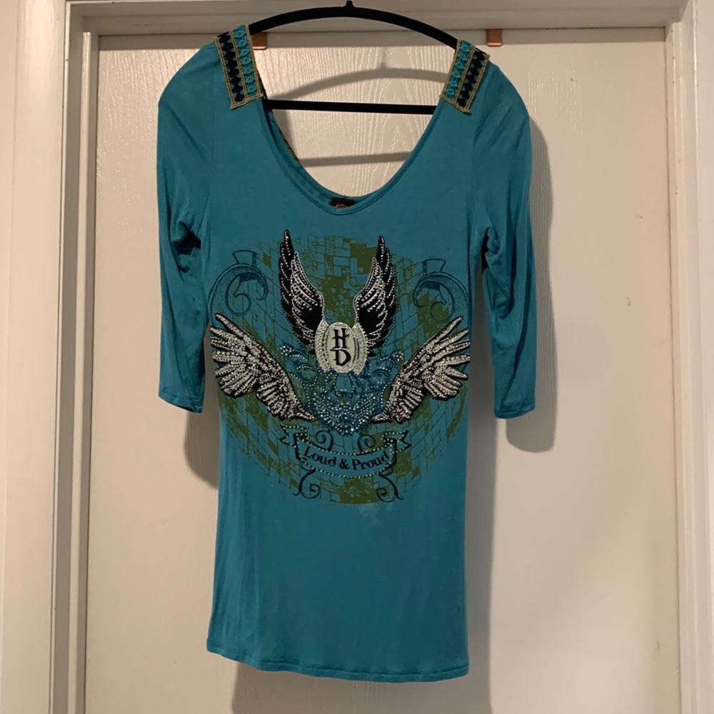 Ladies teal Harley Davidson top with open back and plenty of bling on front